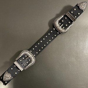 Double Buckle Waist Belt, Black with Pewter Buckles and Studded Rivets
